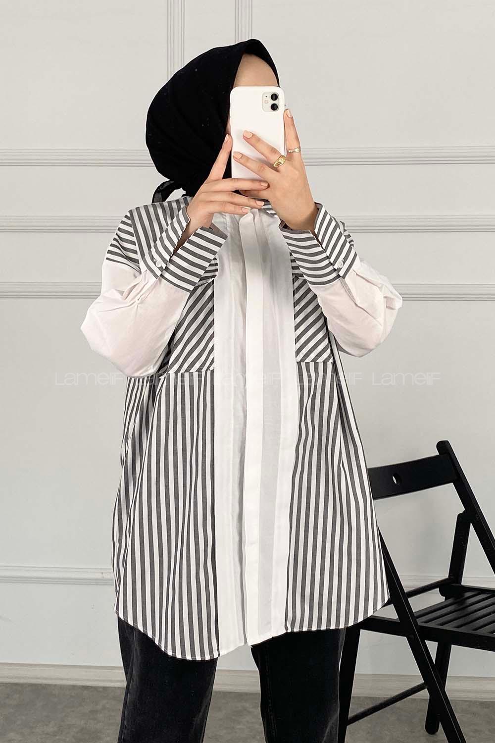 Modalamelif Çift Kapak Cepli Çizgili Gömlek Siyah