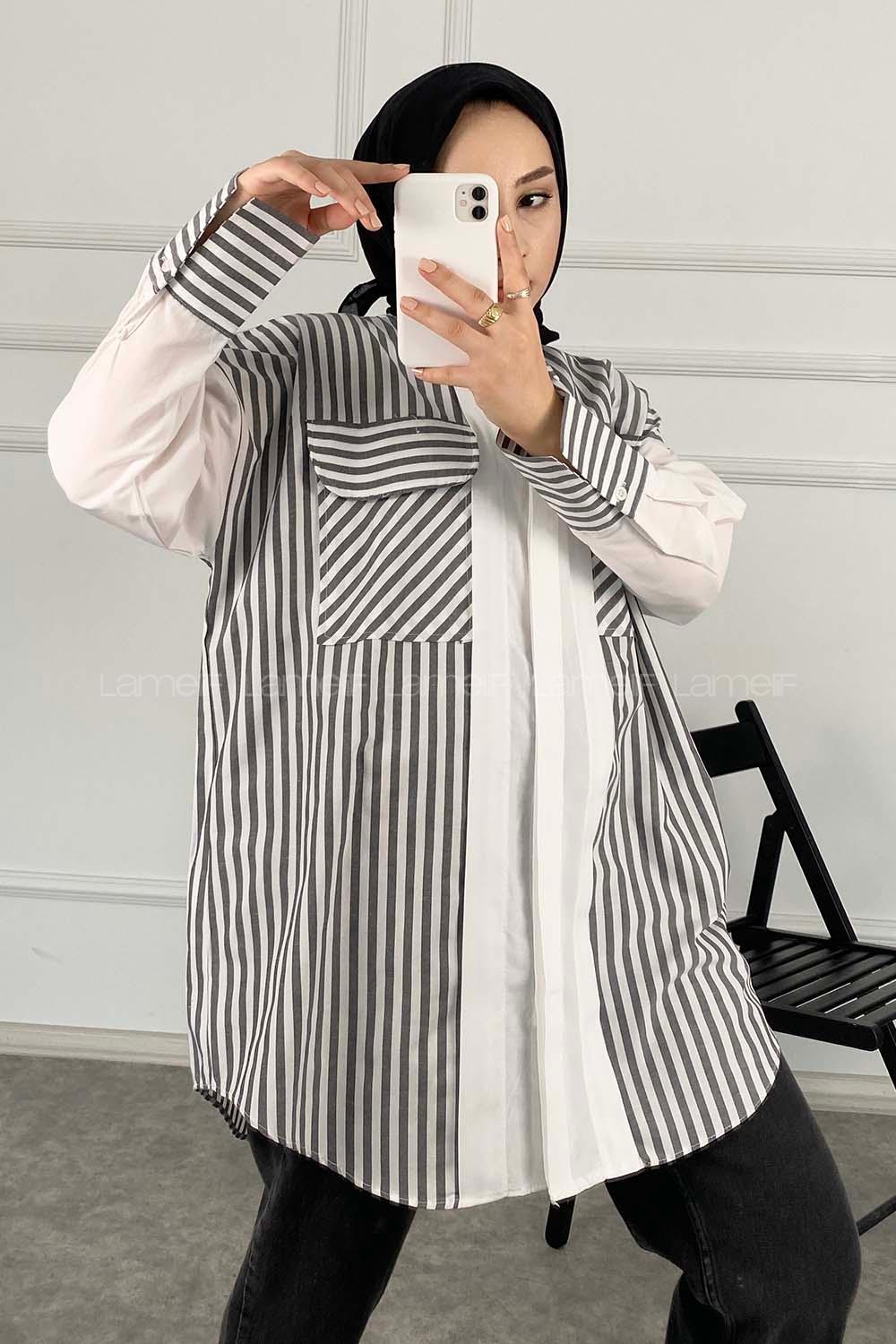 Modalamelif Çift Kapak Cepli Çizgili Gömlek Siyah