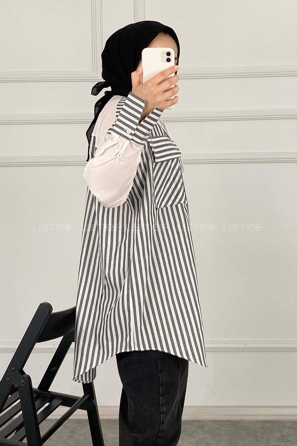 Modalamelif Çift Kapak Cepli Çizgili Gömlek Siyah