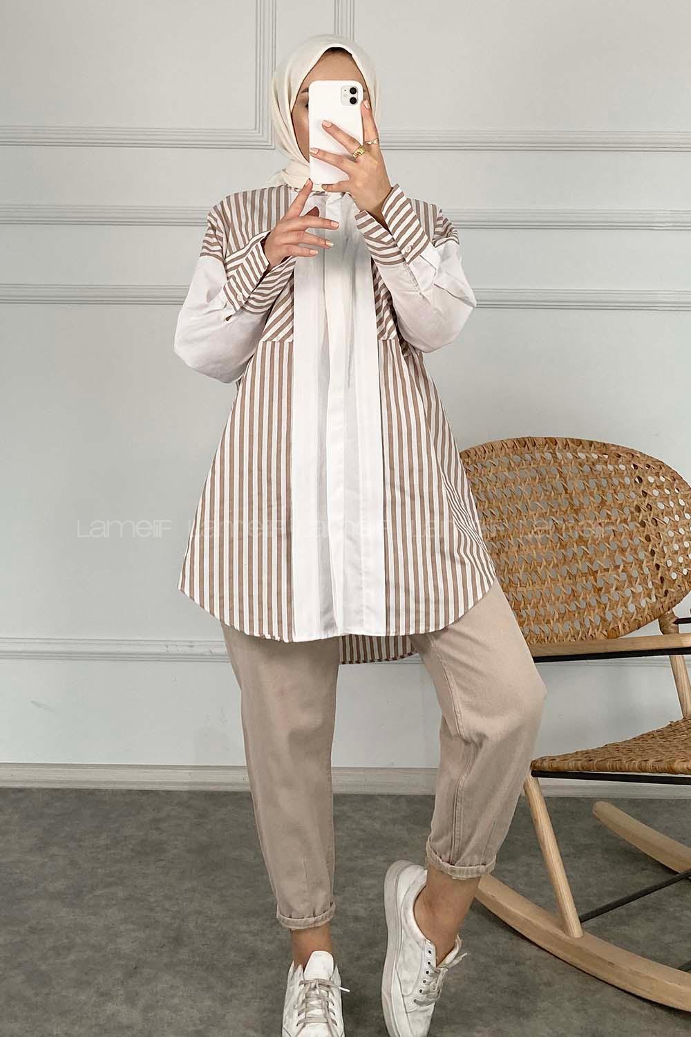 Modalamelif Çift Kapak Cepli Çizgili Gömlek Vizonrengi