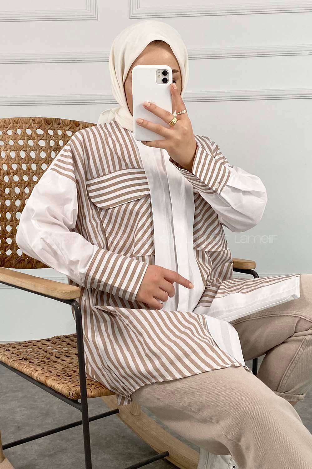 Modalamelif Çift Kapak Cepli Çizgili Gömlek Vizonrengi