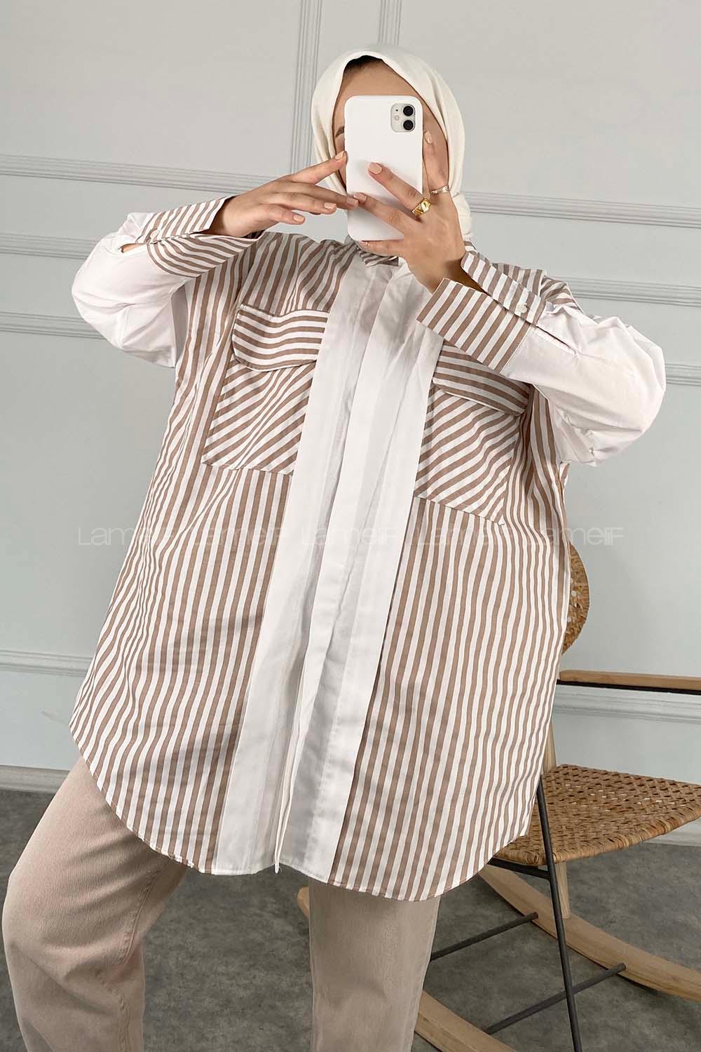Modalamelif Çift Kapak Cepli Çizgili Gömlek Vizonrengi