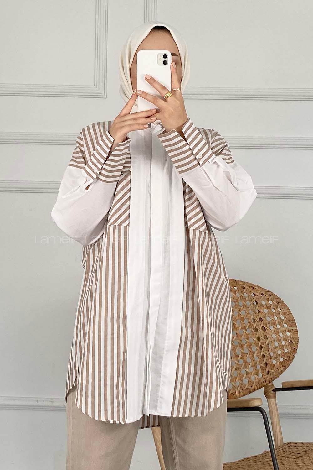 Modalamelif Çift Kapak Cepli Çizgili Gömlek Vizonrengi