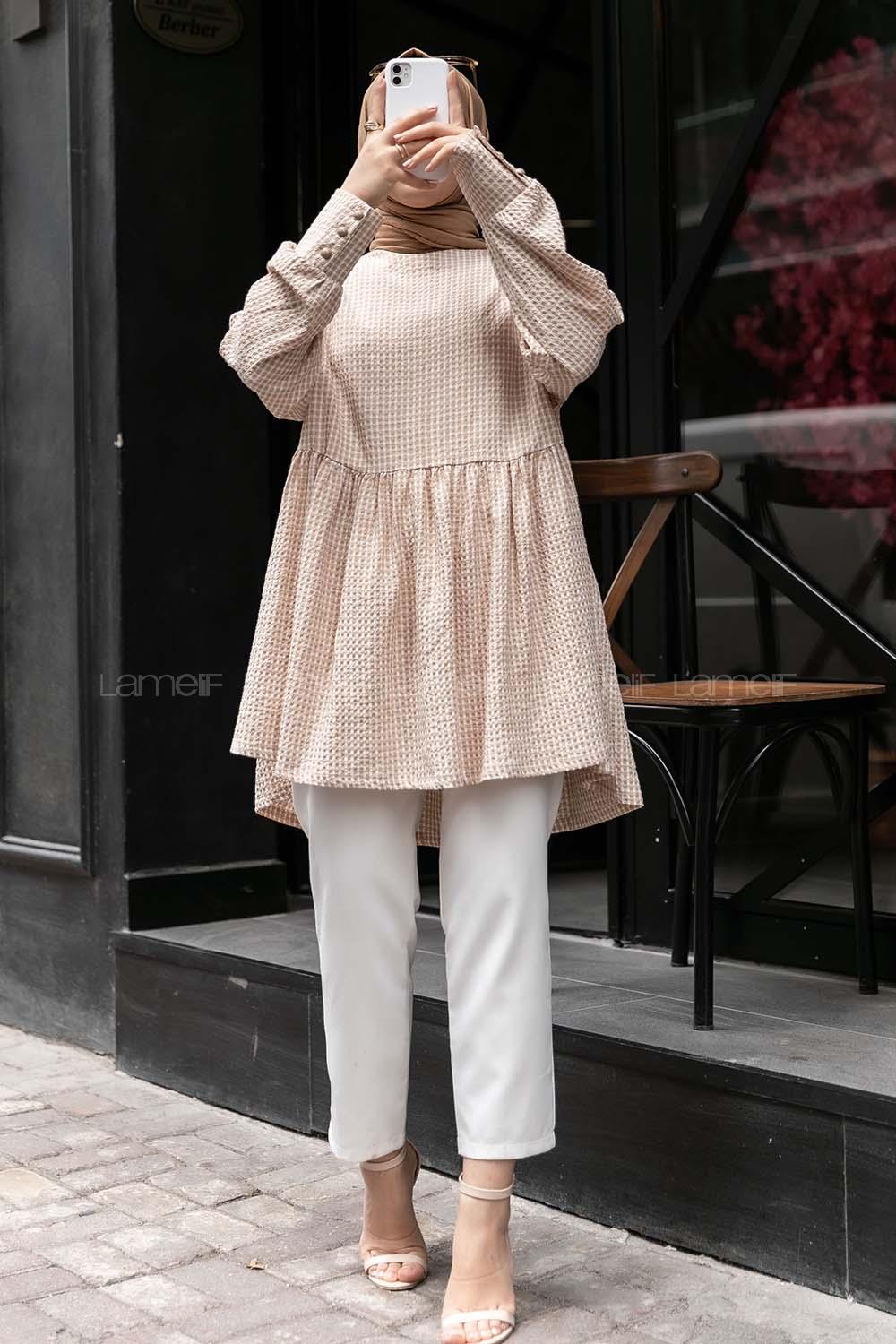 Modalamelif Eteği Fırfırlı Pötikare Salaş Tunik Sütlü Kahve