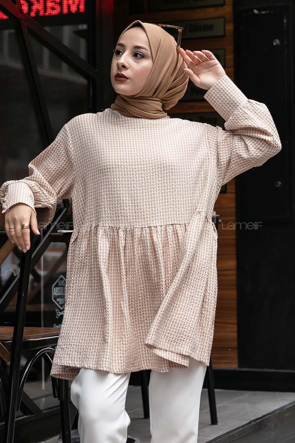 Modalamelif Eteği Fırfırlı Pötikare Salaş Tunik Sütlü Kahve