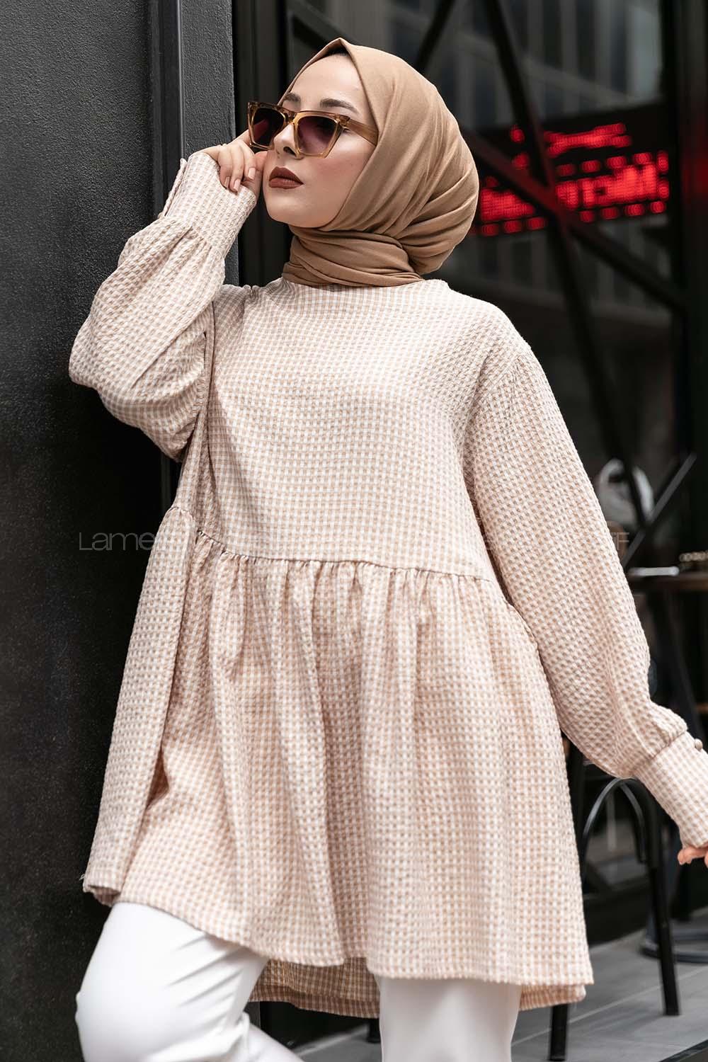 Modalamelif Eteği Fırfırlı Pötikare Salaş Tunik Sütlü Kahve