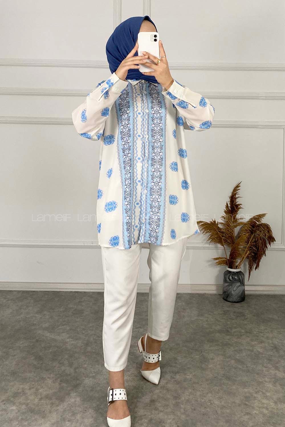 Modalamelif Etnik Desenli Salaş Gömlek Açık Mavi