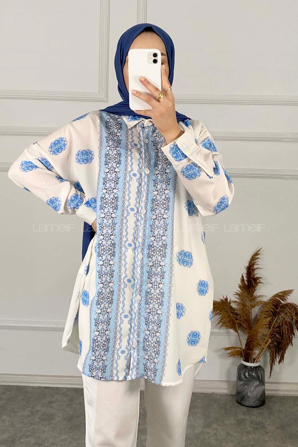 Modalamelif Etnik Desenli Salaş Gömlek Açık Mavi