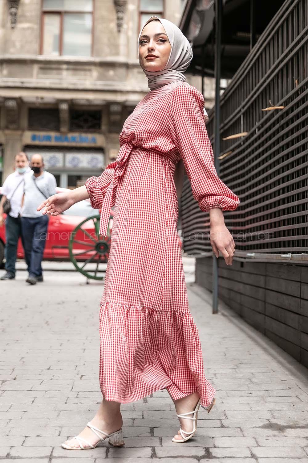 Modalamelif Kuşak Bağlamalı Pötikare  Elbise Kırmızı