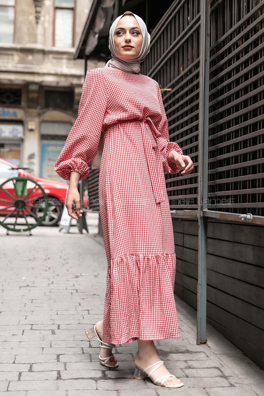 Modalamelif Kuşak Bağlamalı Pötikare  Elbise Kırmızı