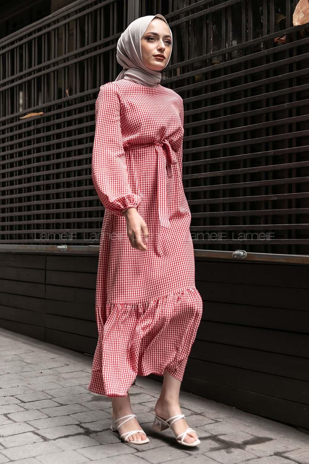 Modalamelif Kuşak Bağlamalı Pötikare  Elbise Kırmızı