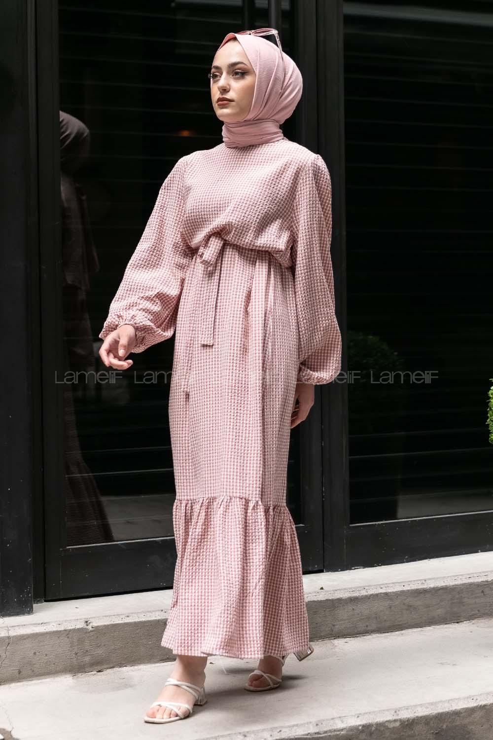 Modalamelif Kuşak Bağlamalı Pötikare  Elbise Pudra