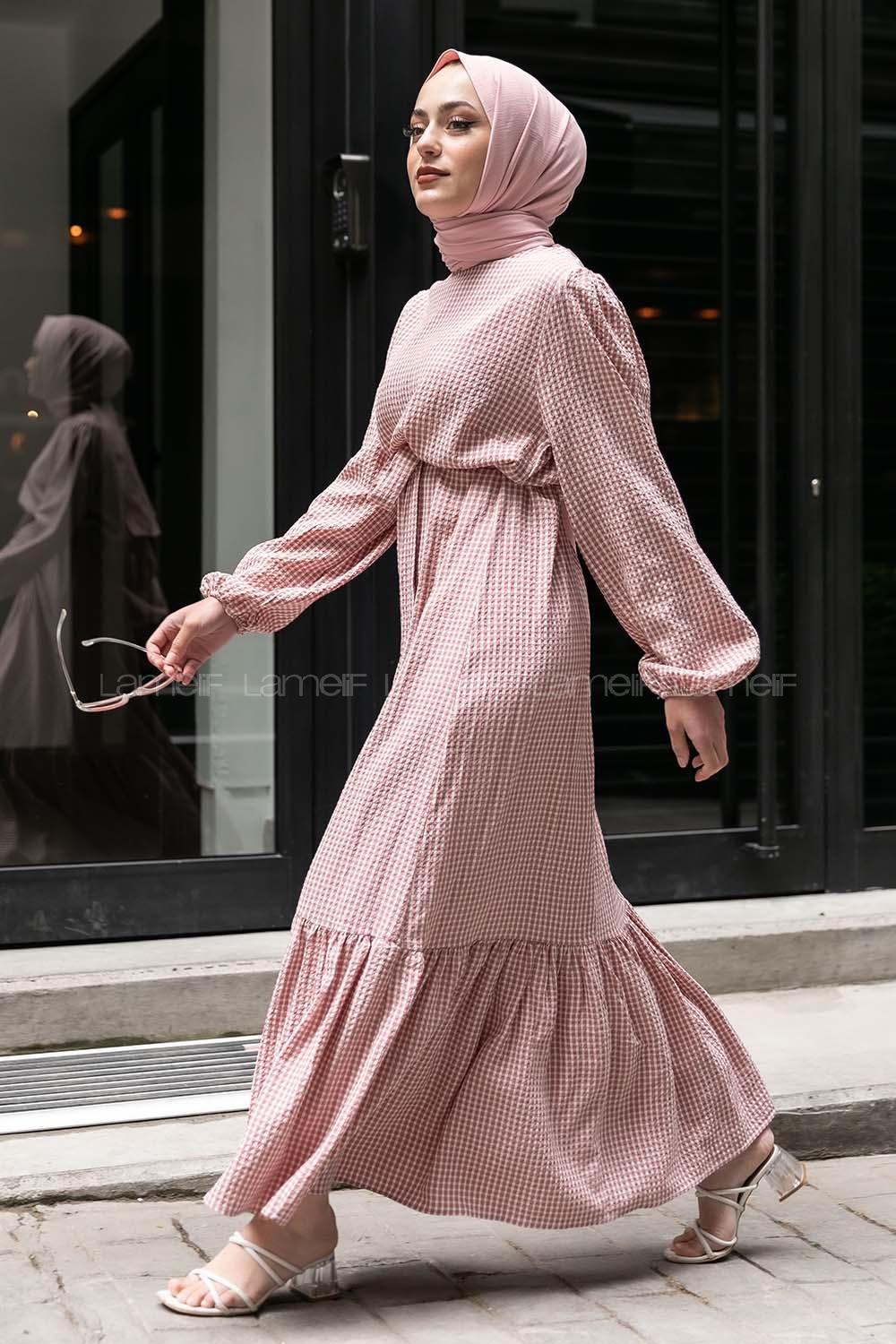 Modalamelif Kuşak Bağlamalı Pötikare  Elbise Pudra