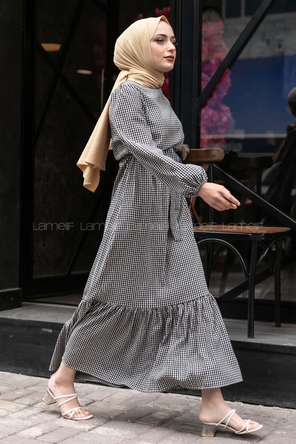 Modalamelif Kuşak Bağlamalı Pötikare  Elbise Siyah