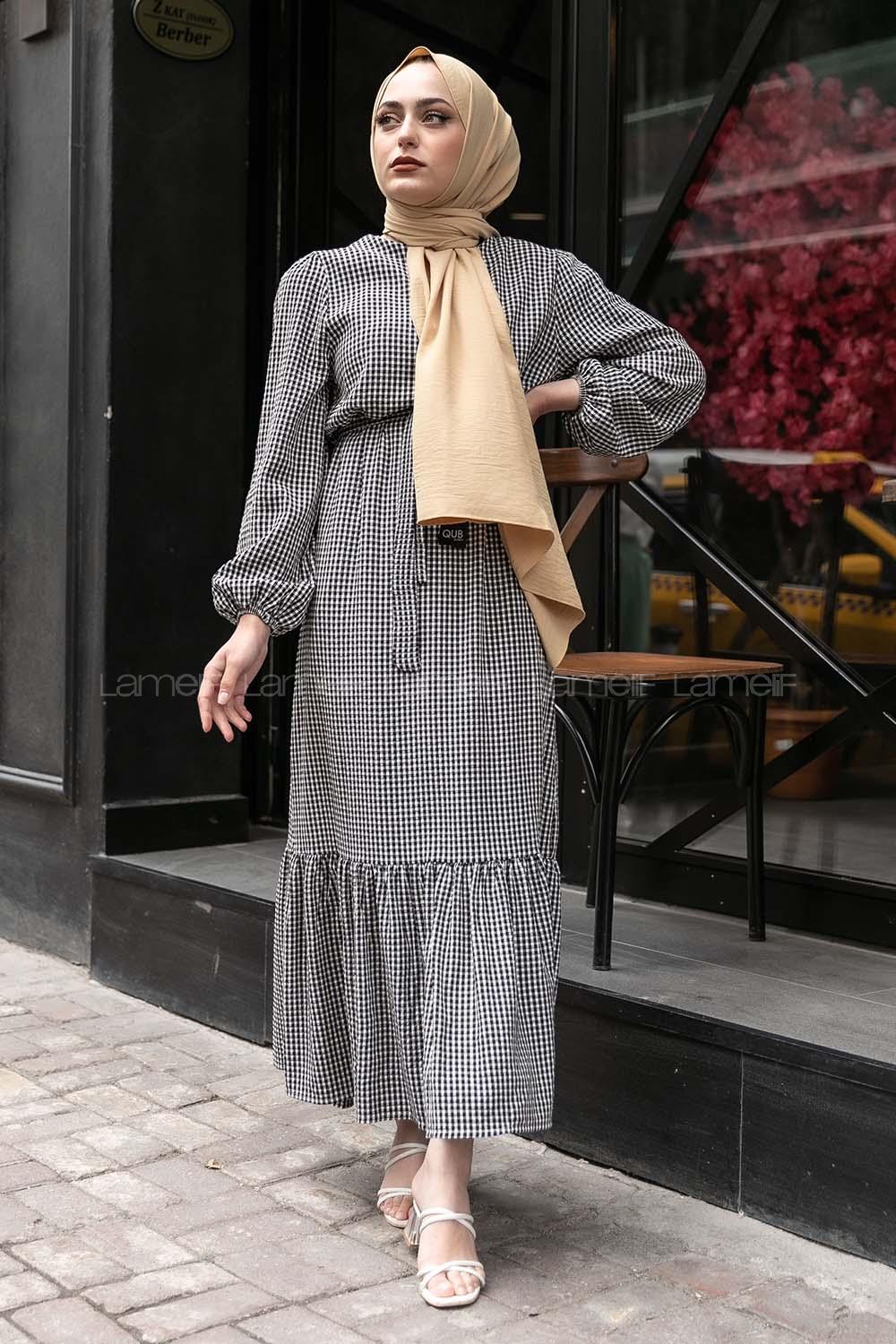 Modalamelif Kuşak Bağlamalı Pötikare  Elbise Siyah