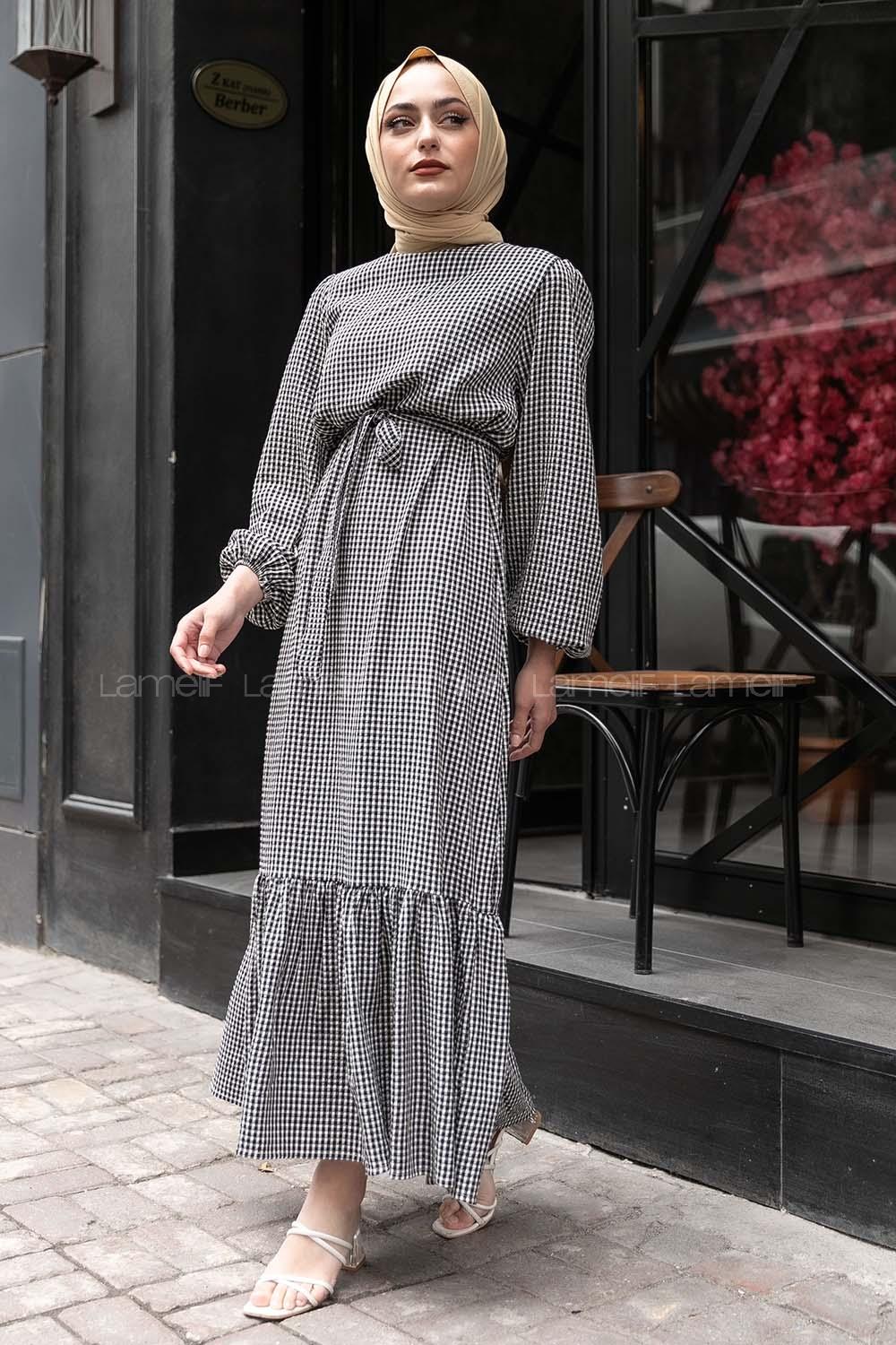 Modalamelif Kuşak Bağlamalı Pötikare  Elbise Siyah