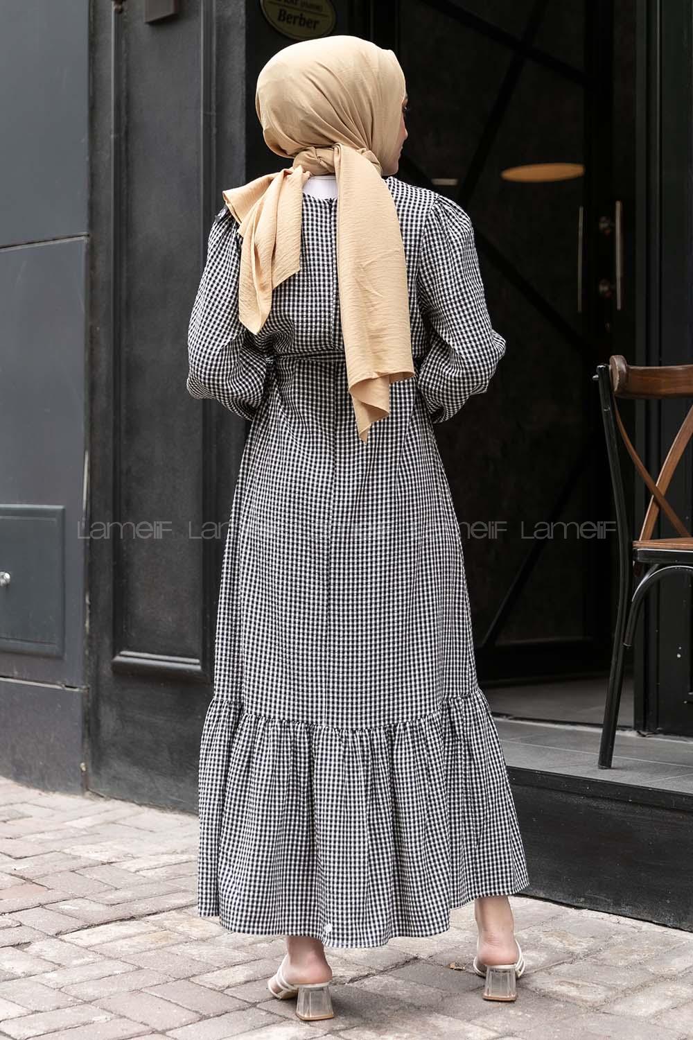 Modalamelif Kuşak Bağlamalı Pötikare  Elbise Siyah