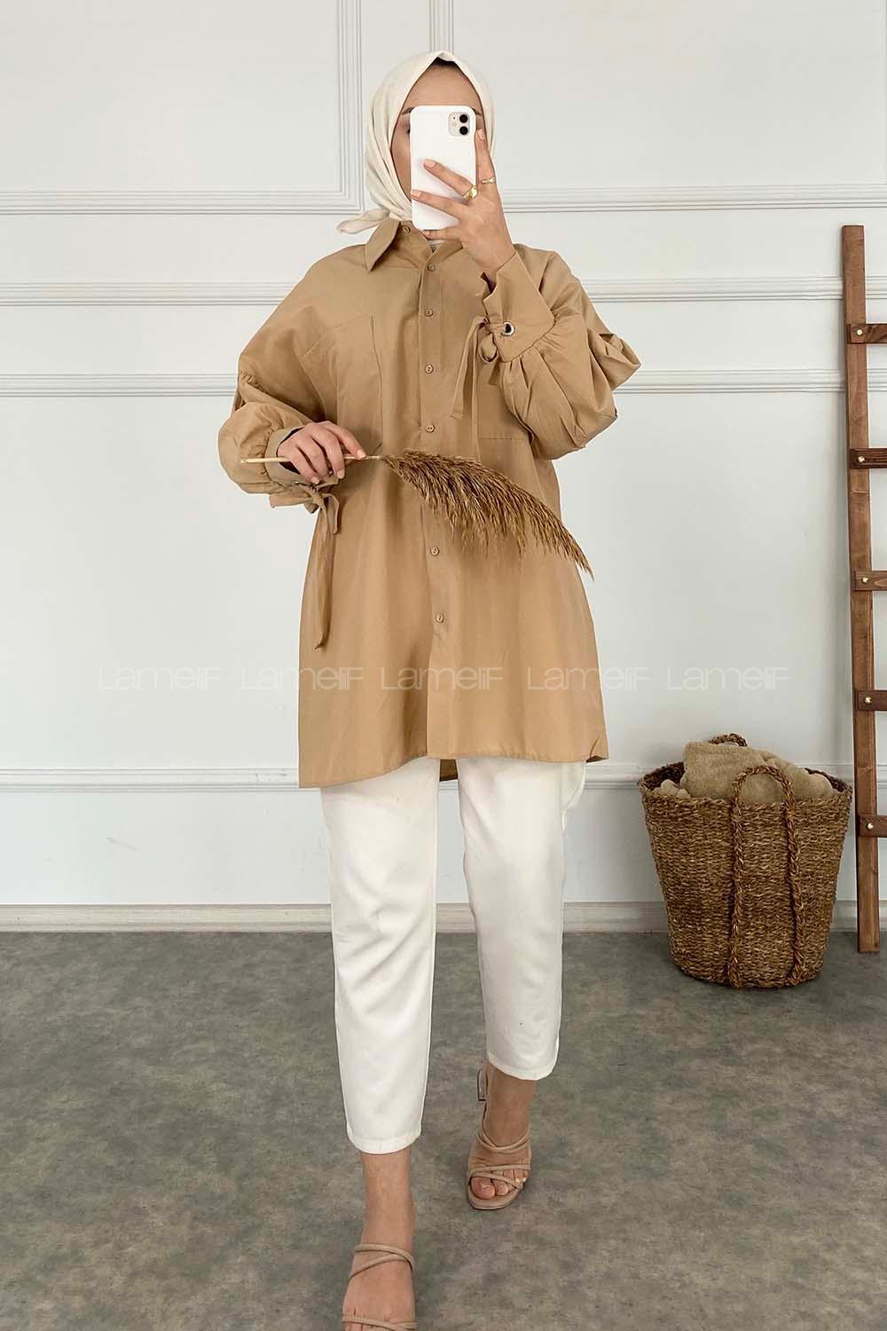 Modalamelif Kuşgözü Bağcıklı Çift Cepli Gömlek Sütlü Kahve