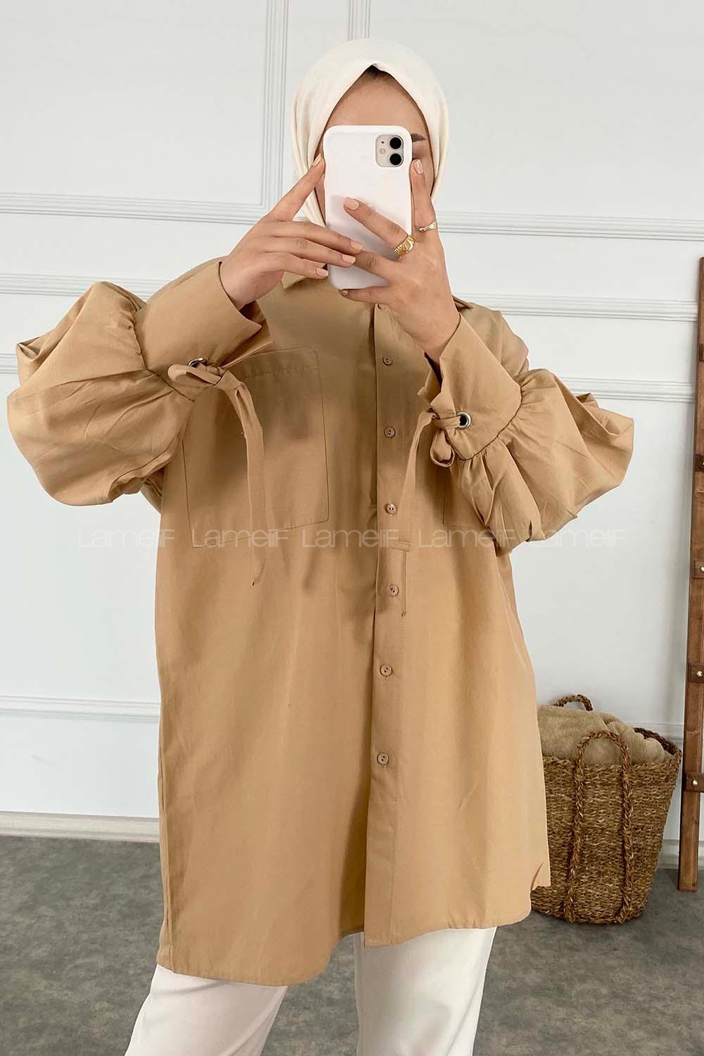 Modalamelif Kuşgözü Bağcıklı Çift Cepli Gömlek Sütlü Kahve