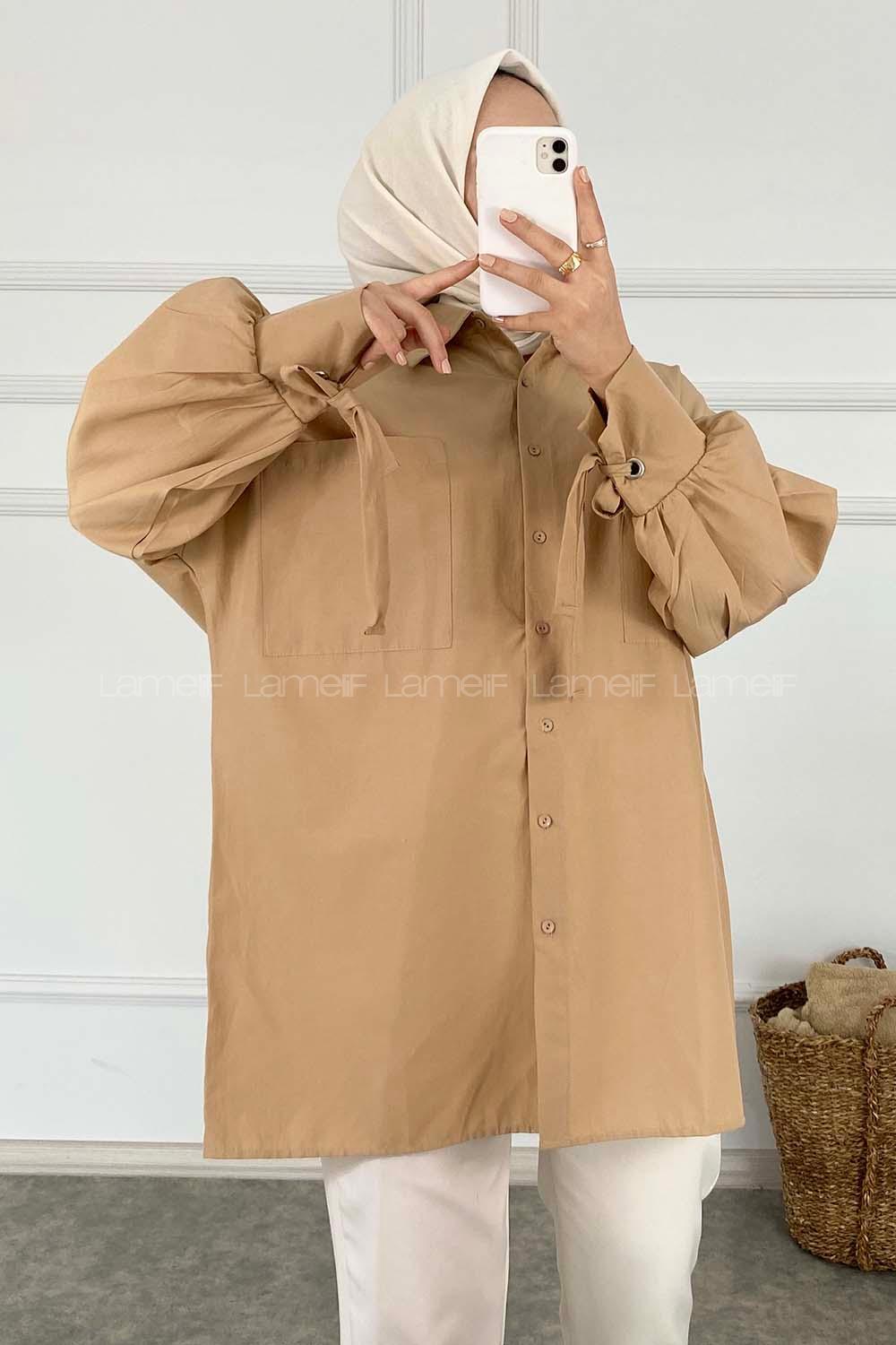 Modalamelif Kuşgözü Bağcıklı Çift Cepli Gömlek Sütlü Kahve