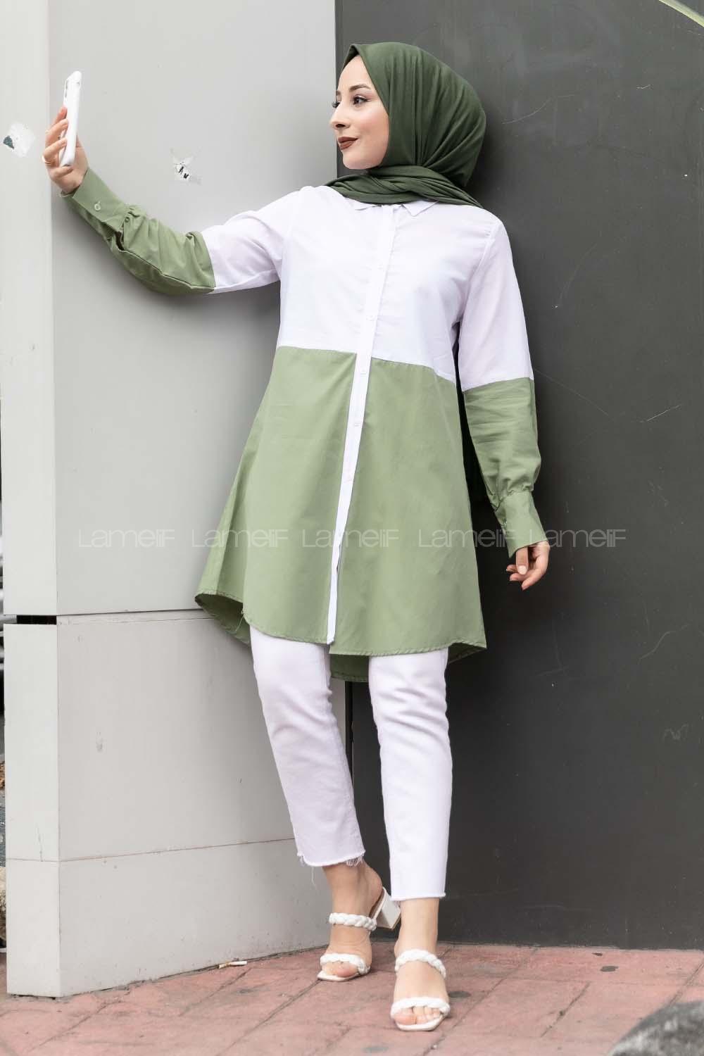 Modalamelif Önü Boydan Düğmeli Renk Garnili Gömlek Çağla