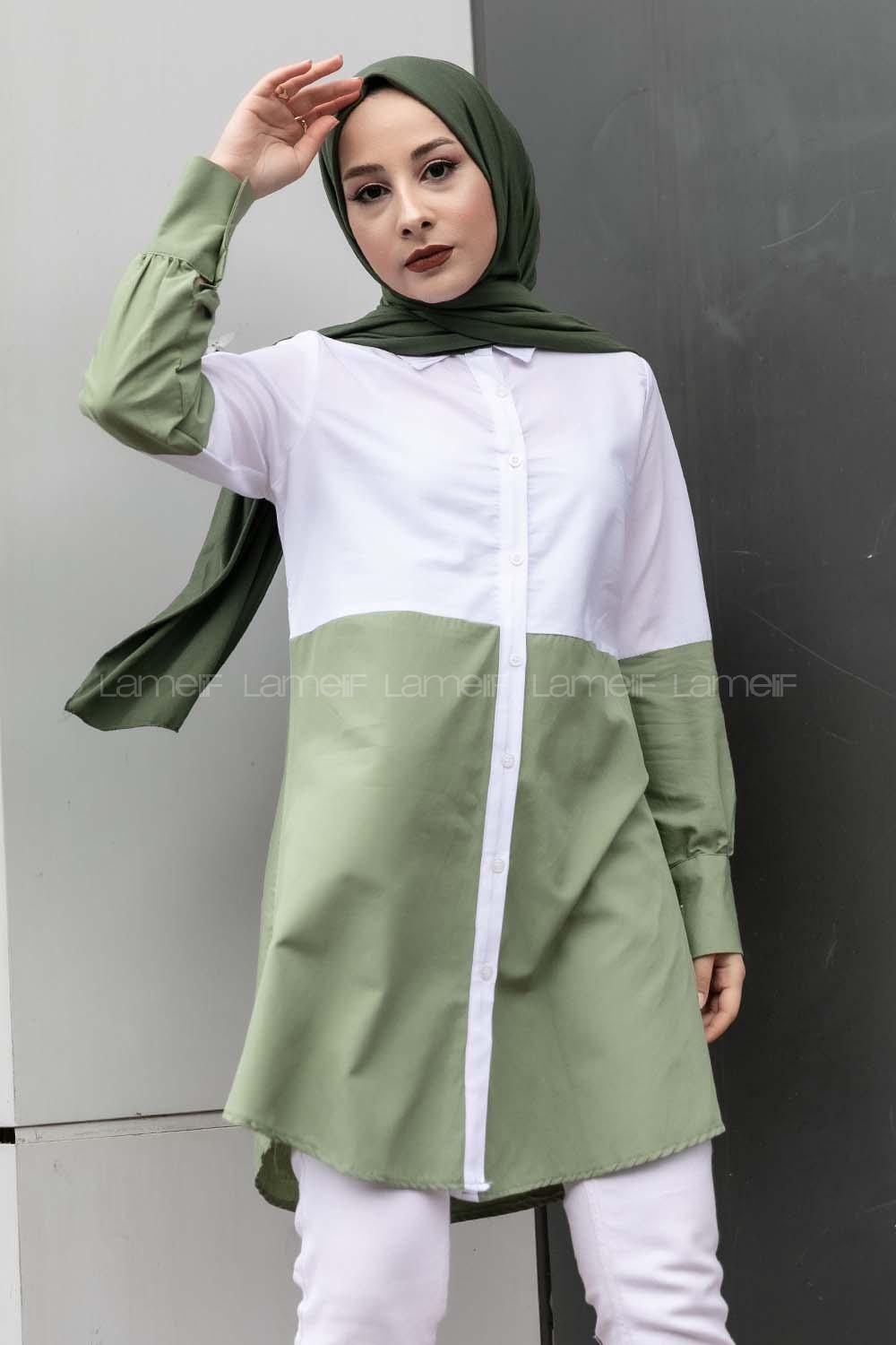 Modalamelif Önü Boydan Düğmeli Renk Garnili Gömlek Çağla