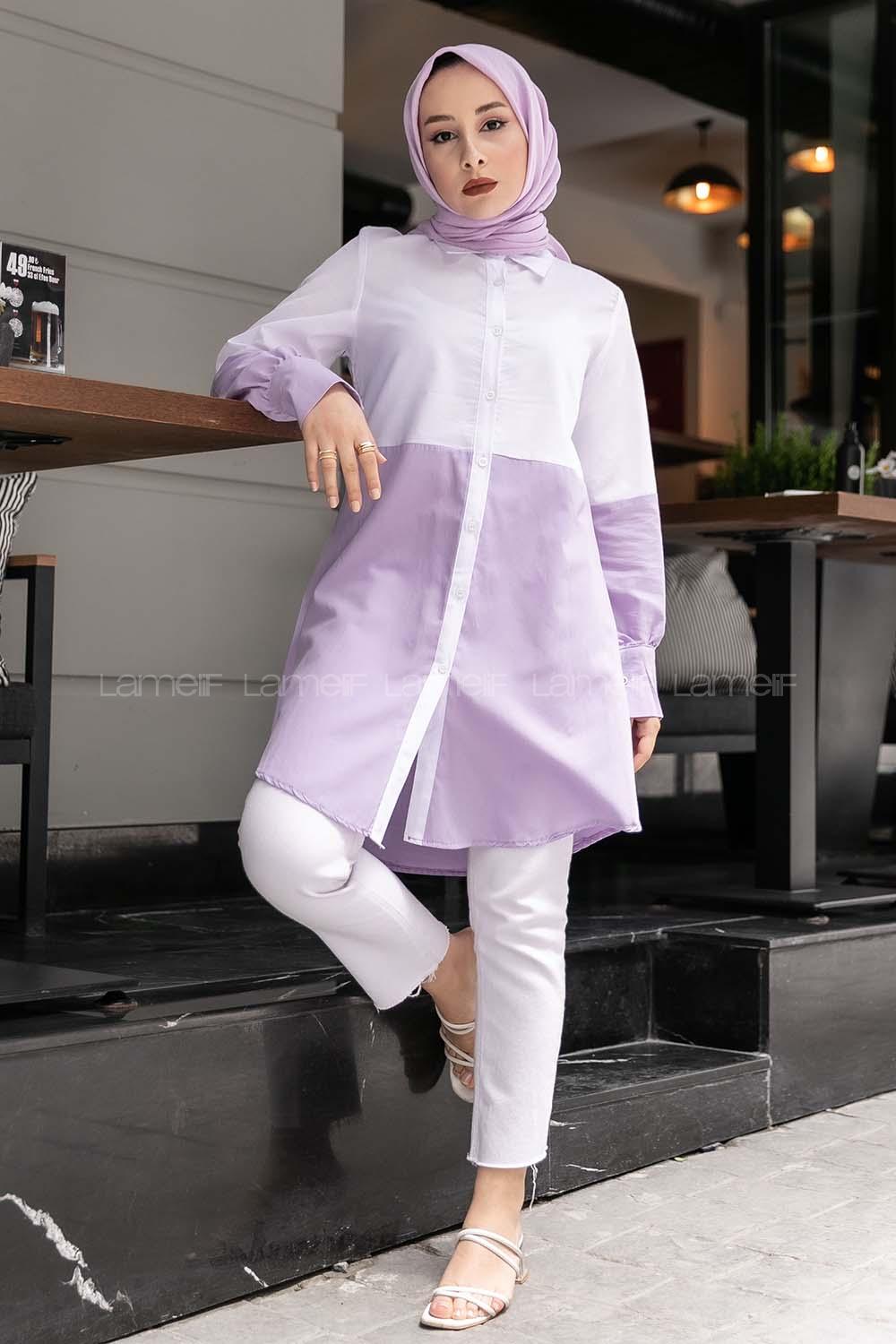 Modalamelif Önü Boydan Düğmeli Renk Garnili Gömlek Lila