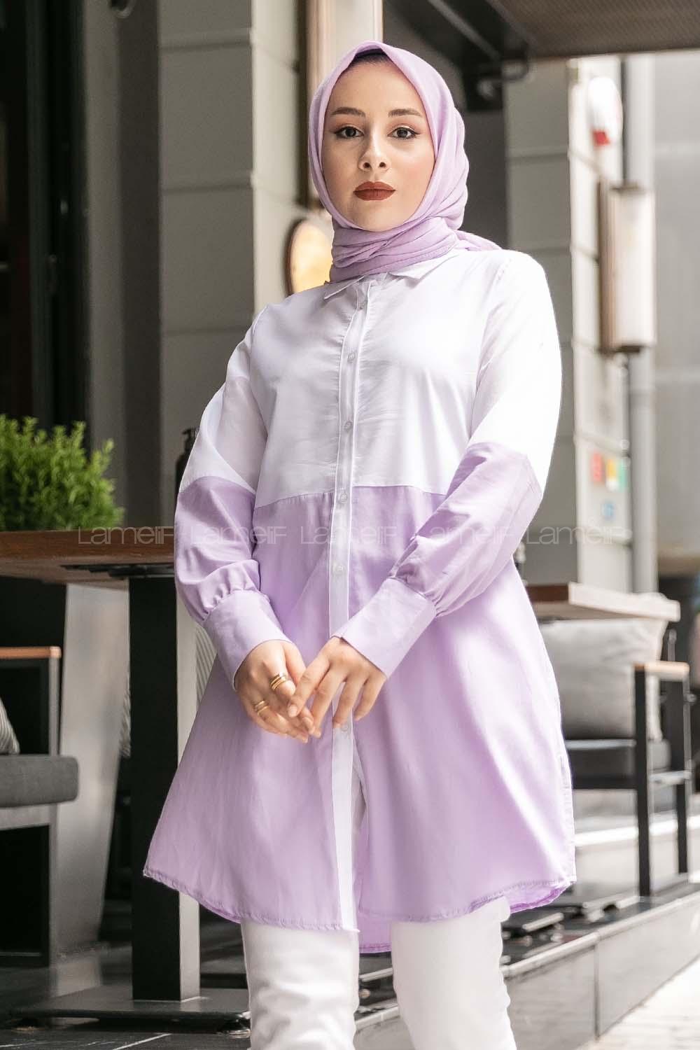 Modalamelif Önü Boydan Düğmeli Renk Garnili Gömlek Lila