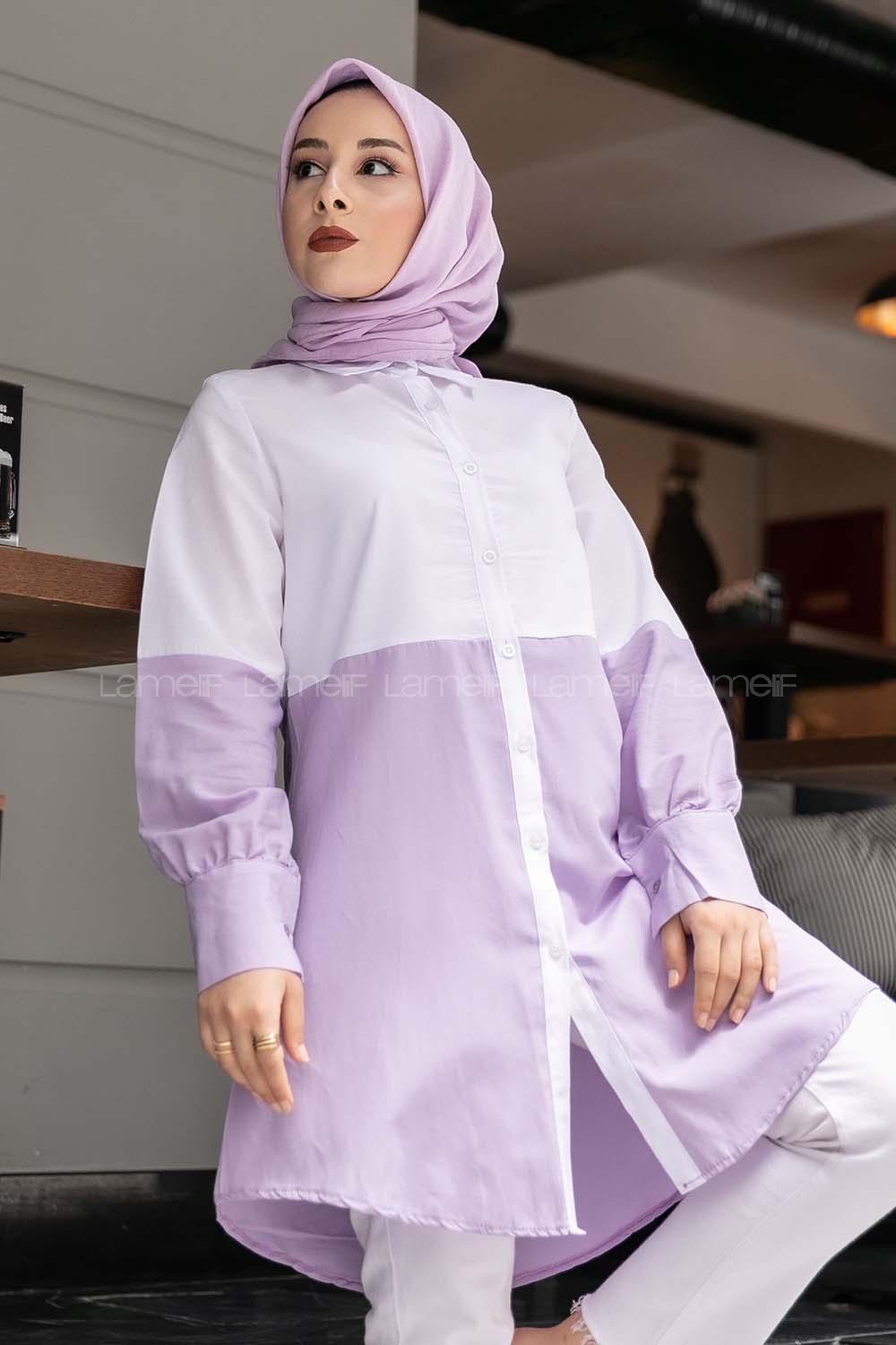 Modalamelif Önü Boydan Düğmeli Renk Garnili Gömlek Lila