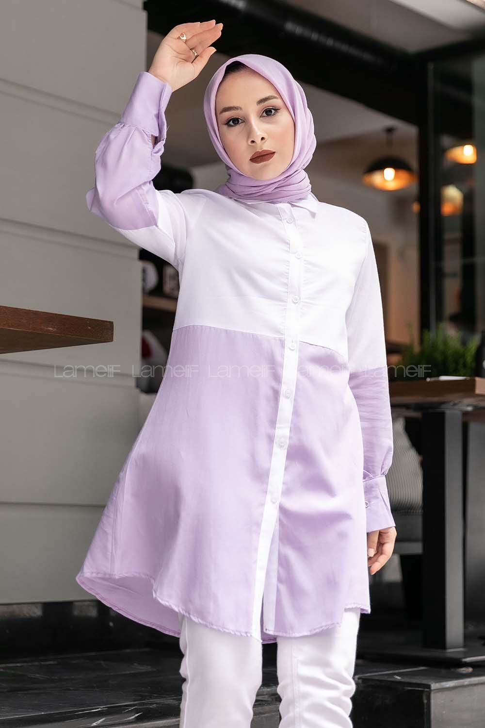 Modalamelif Önü Boydan Düğmeli Renk Garnili Gömlek Lila