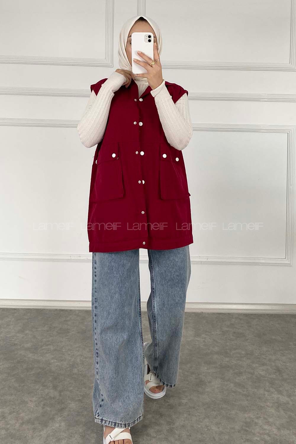 Modalamelif Önü Çıtçıt Düğmeli Yelek Bordo