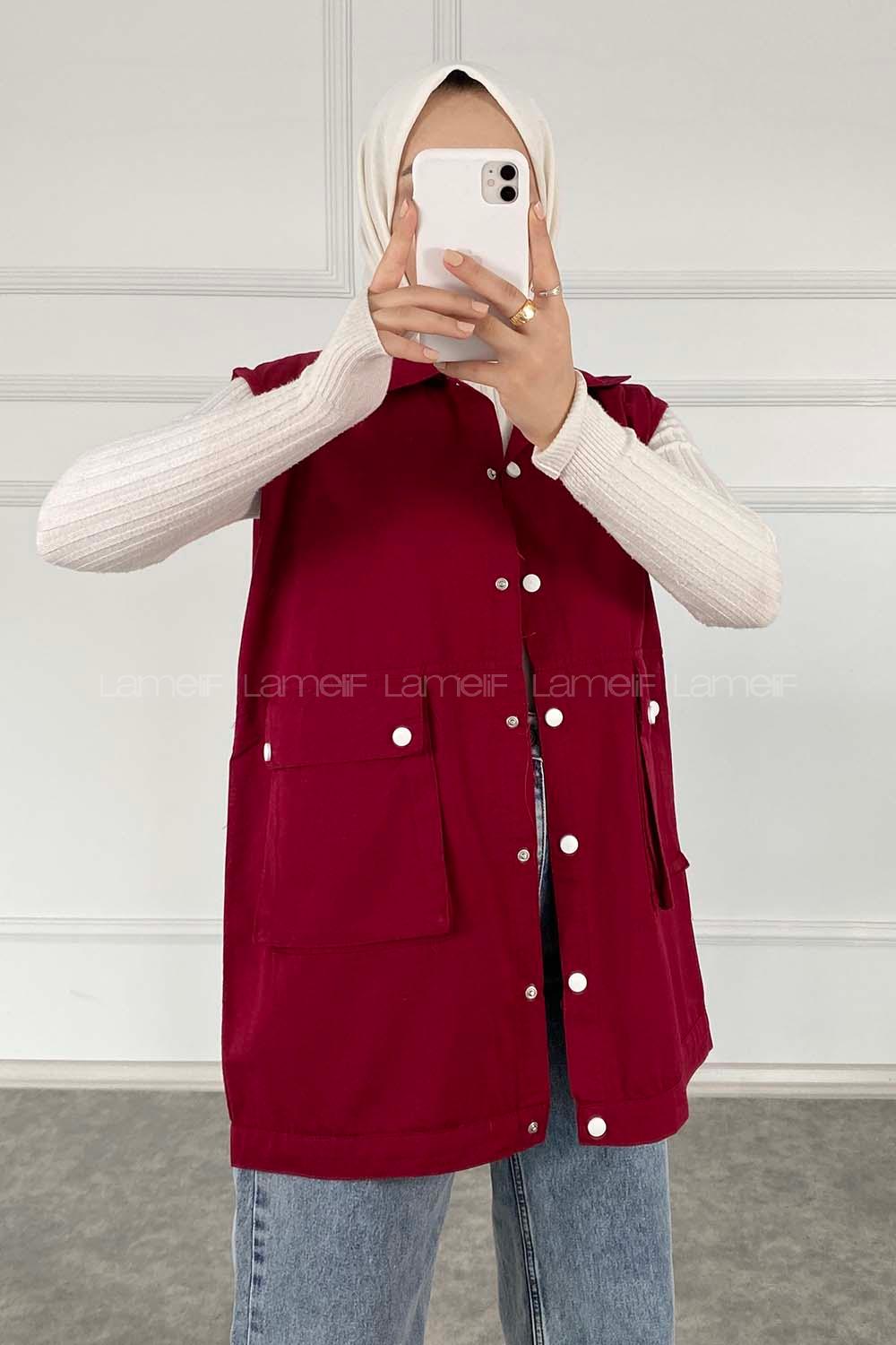 Modalamelif Önü Çıtçıt Düğmeli Yelek Bordo
