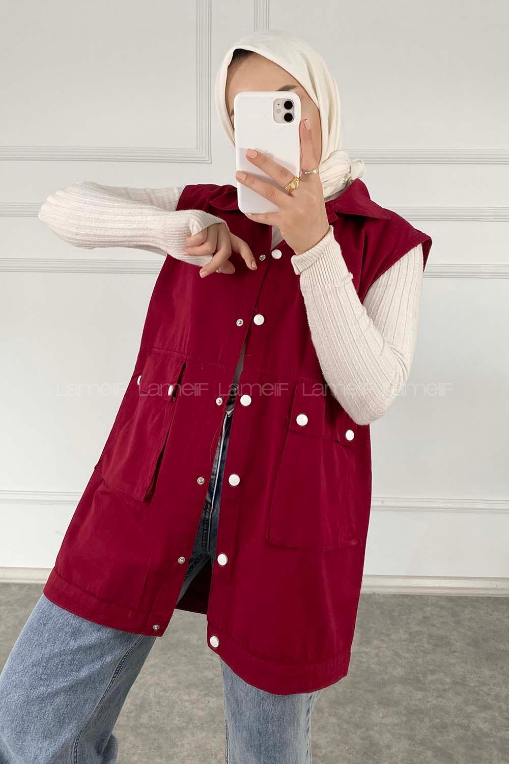 Modalamelif Önü Çıtçıt Düğmeli Yelek Bordo