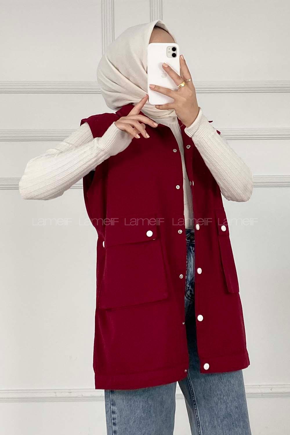 Modalamelif Önü Çıtçıt Düğmeli Yelek Bordo