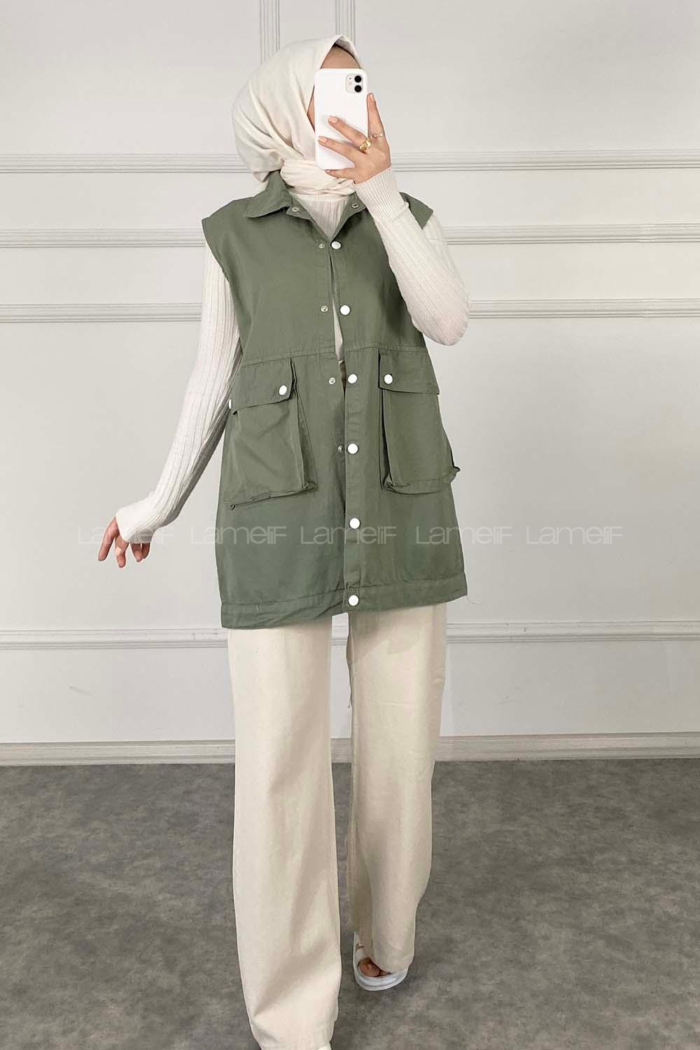 Modalamelif Önü Çıtçıt Düğmeli Yelek Haki Rengi