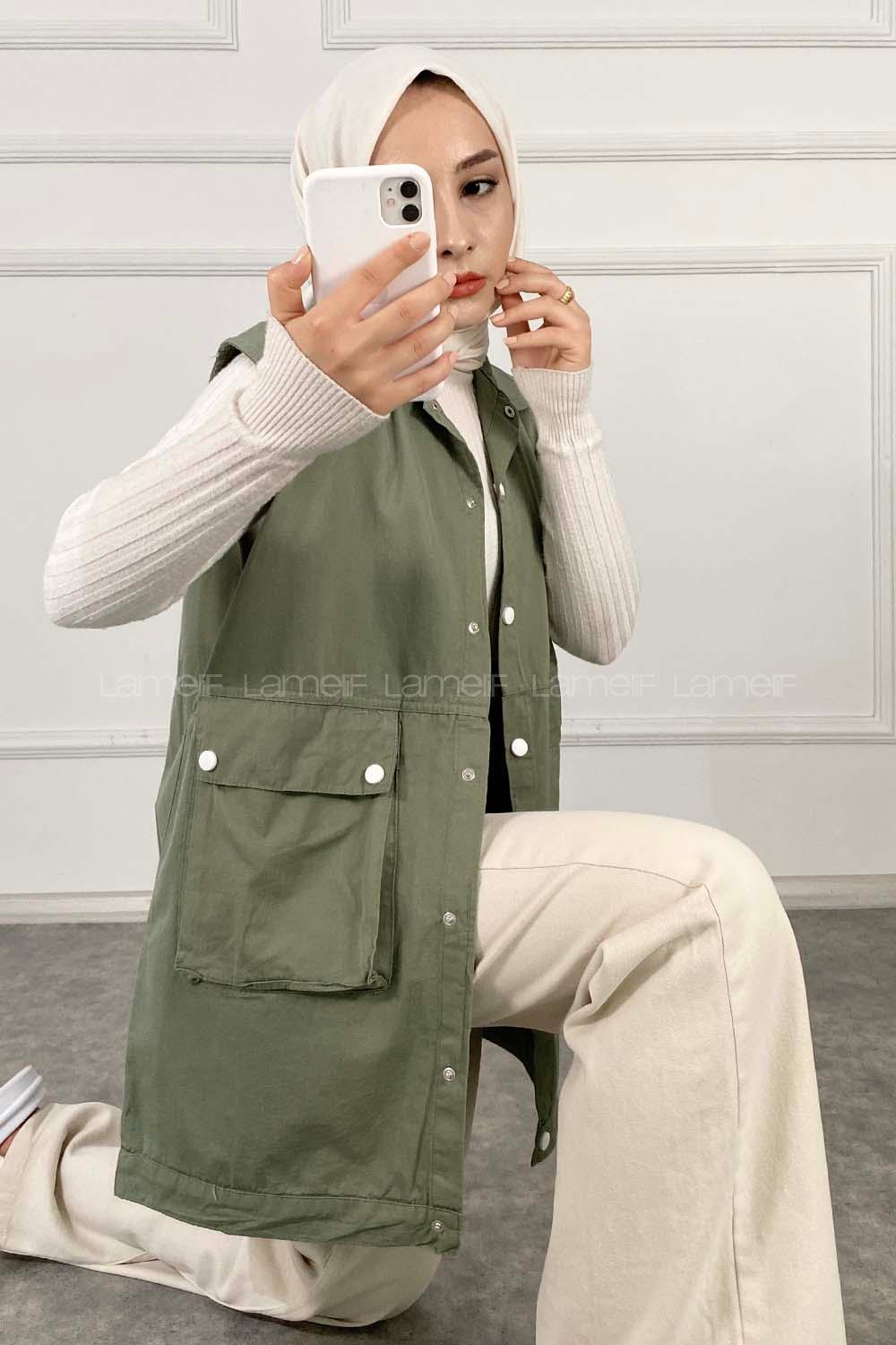 Modalamelif Önü Çıtçıt Düğmeli Yelek Haki Rengi