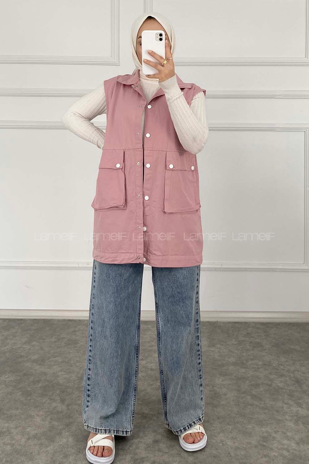 Modalamelif Önü Çıtçıt Düğmeli Yelek Pudra