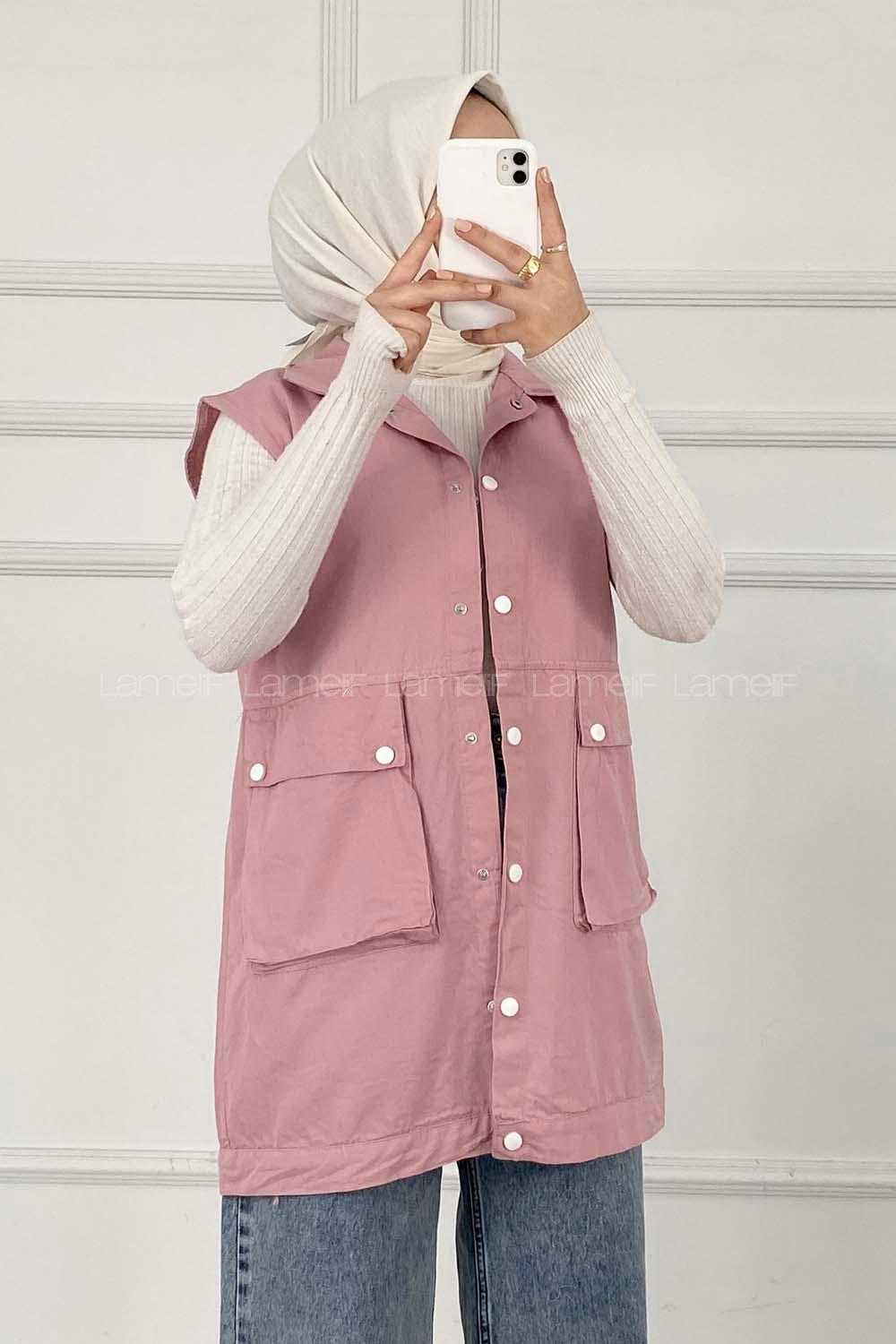 Modalamelif Önü Çıtçıt Düğmeli Yelek Pudra