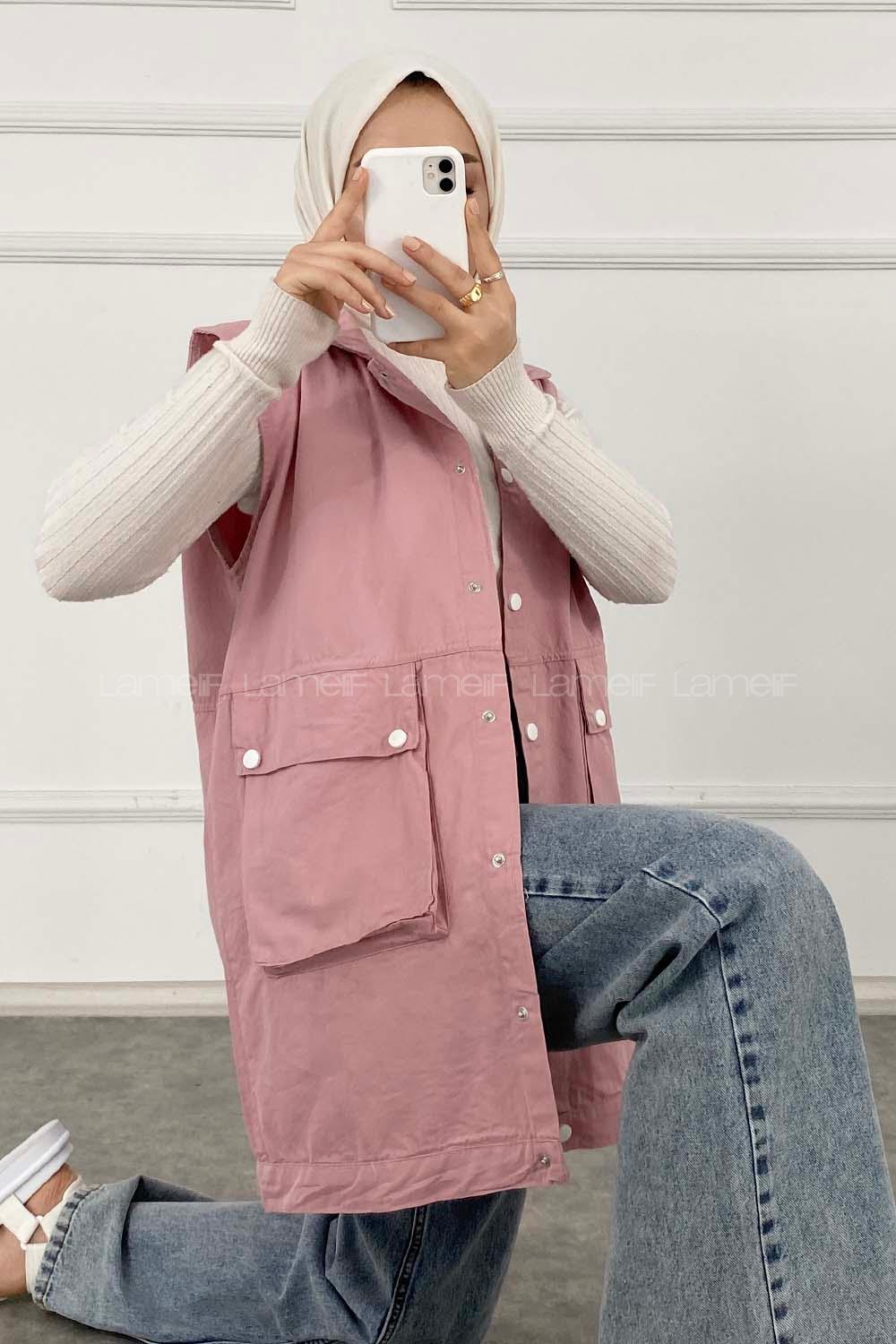 Modalamelif Önü Çıtçıt Düğmeli Yelek Pudra