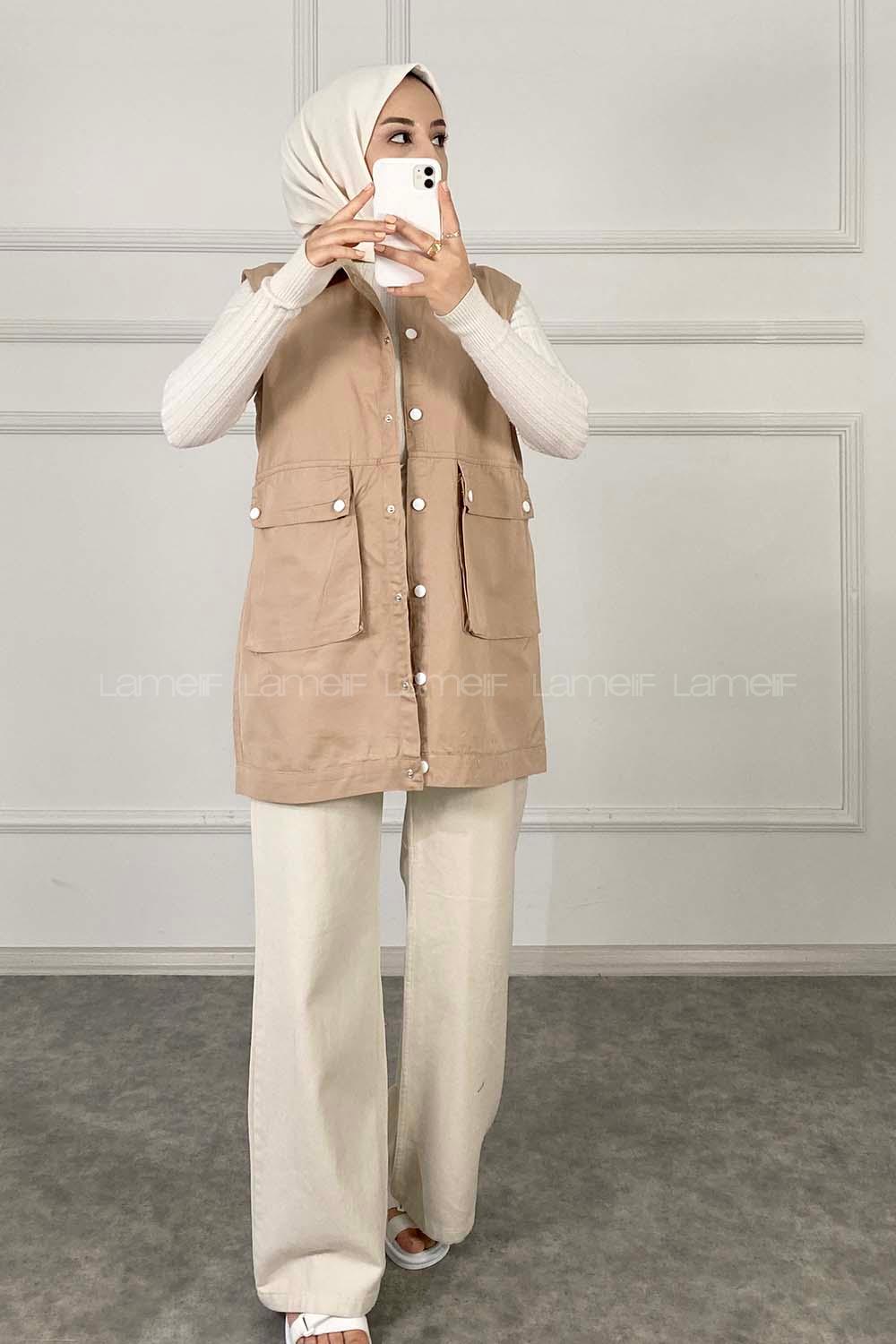 Modalamelif Önü Çıtçıt Düğmeli Yelek Sütlü Kahve