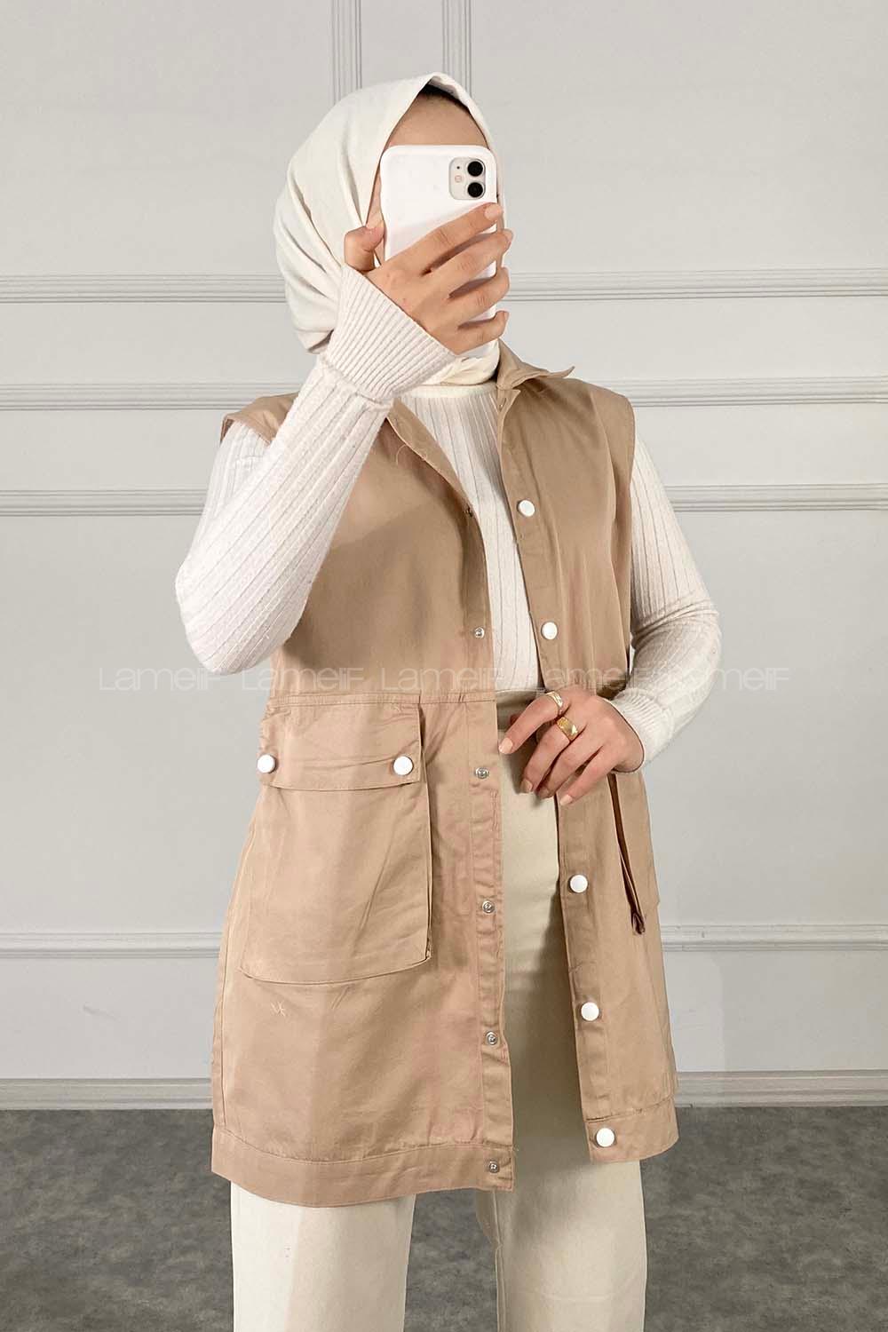 Modalamelif Önü Çıtçıt Düğmeli Yelek Sütlü Kahve