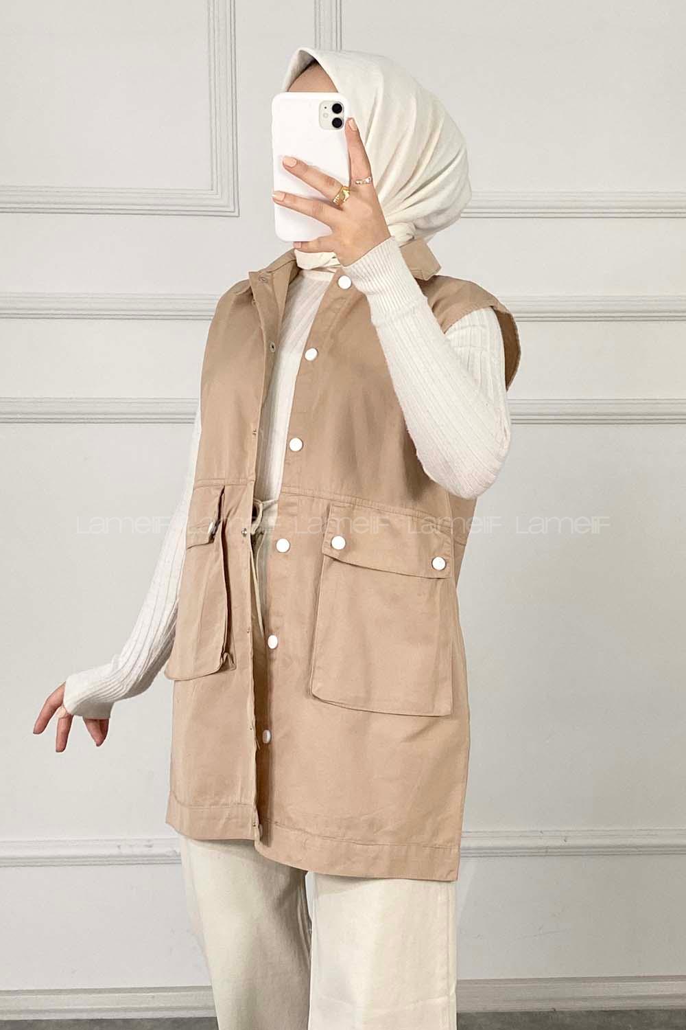 Modalamelif Önü Çıtçıt Düğmeli Yelek Sütlü Kahve