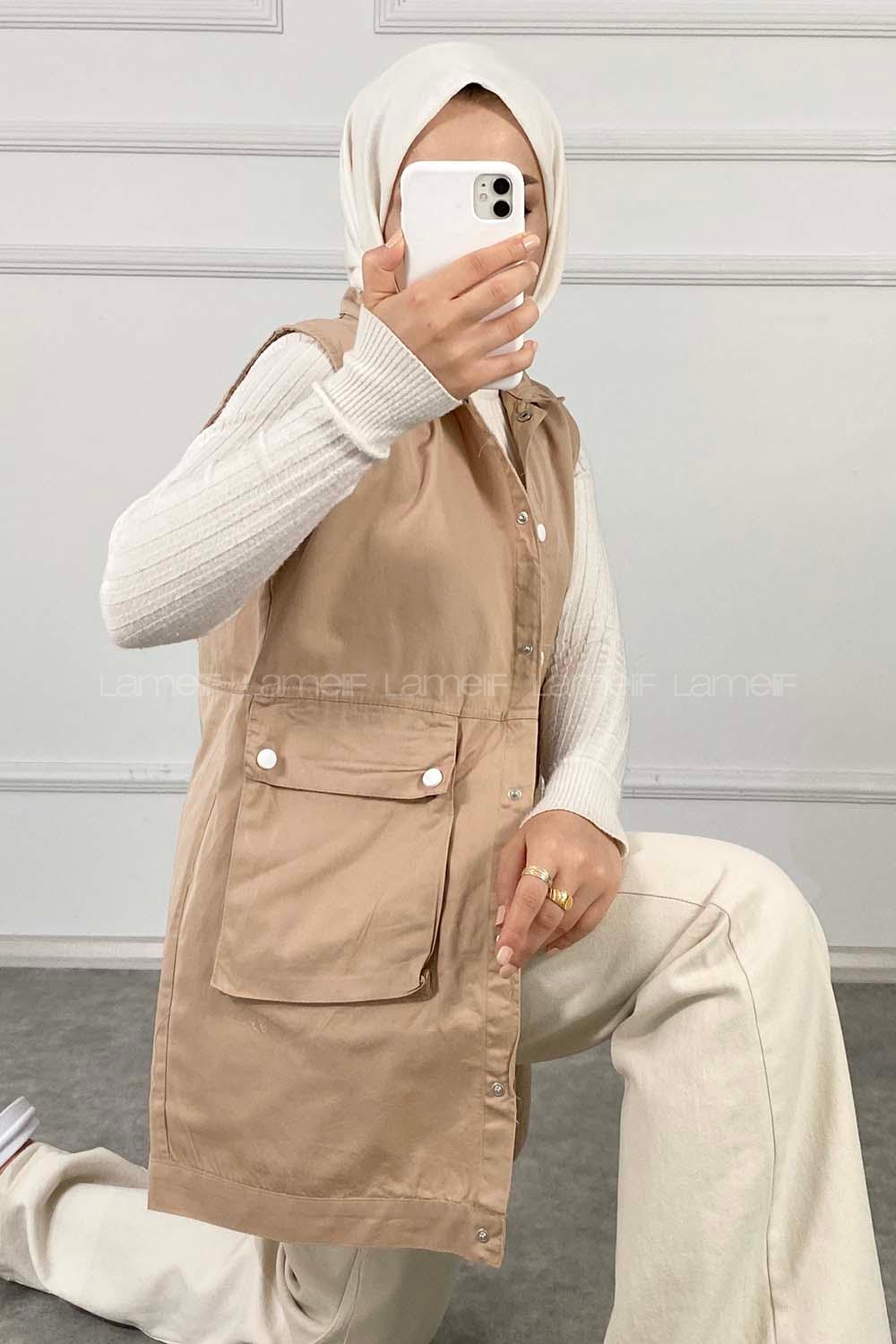 Modalamelif Önü Çıtçıt Düğmeli Yelek Sütlü Kahve