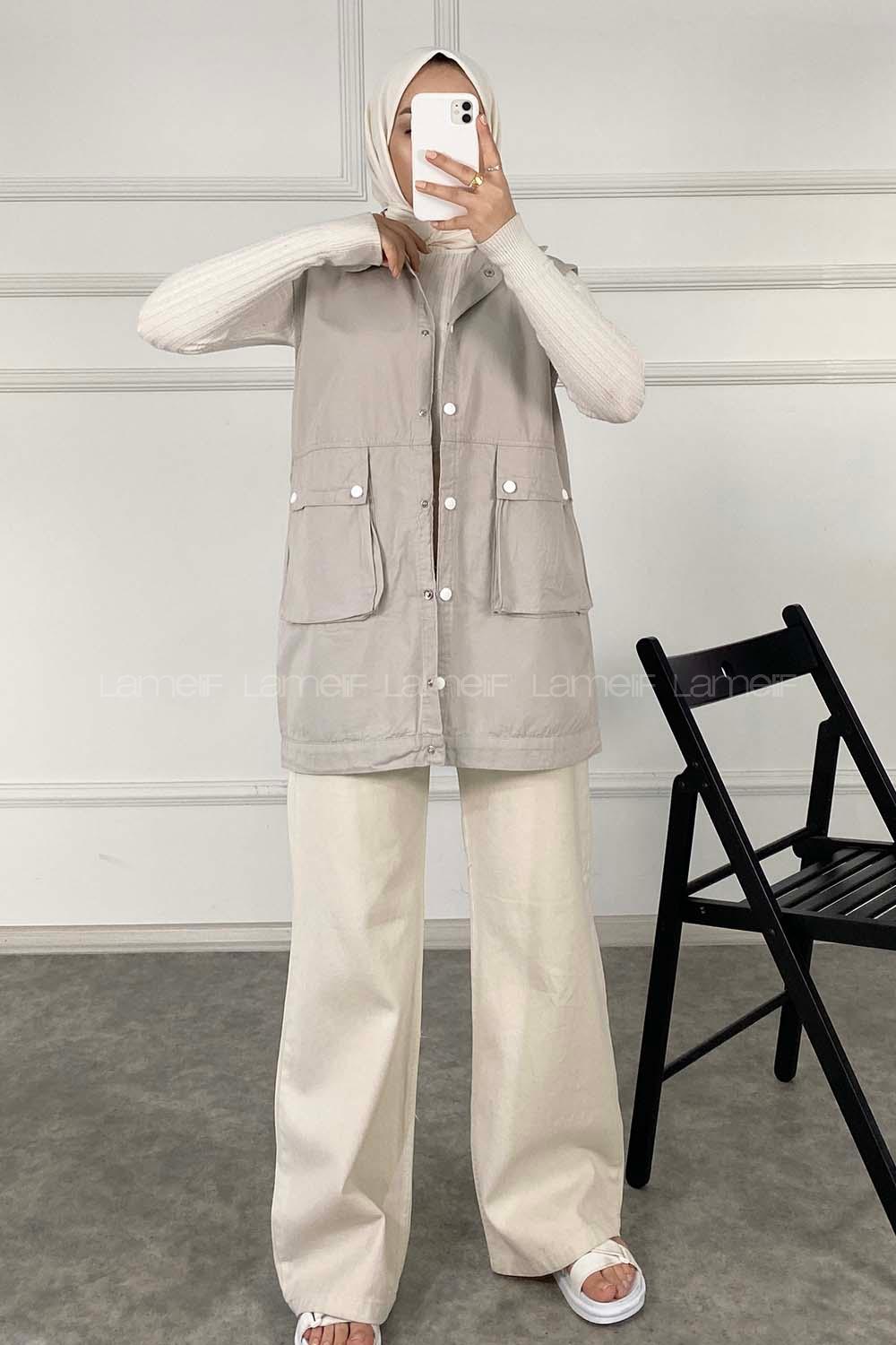 Modalamelif Önü Çıtçıt Düğmeli Yelek Taş Rengi