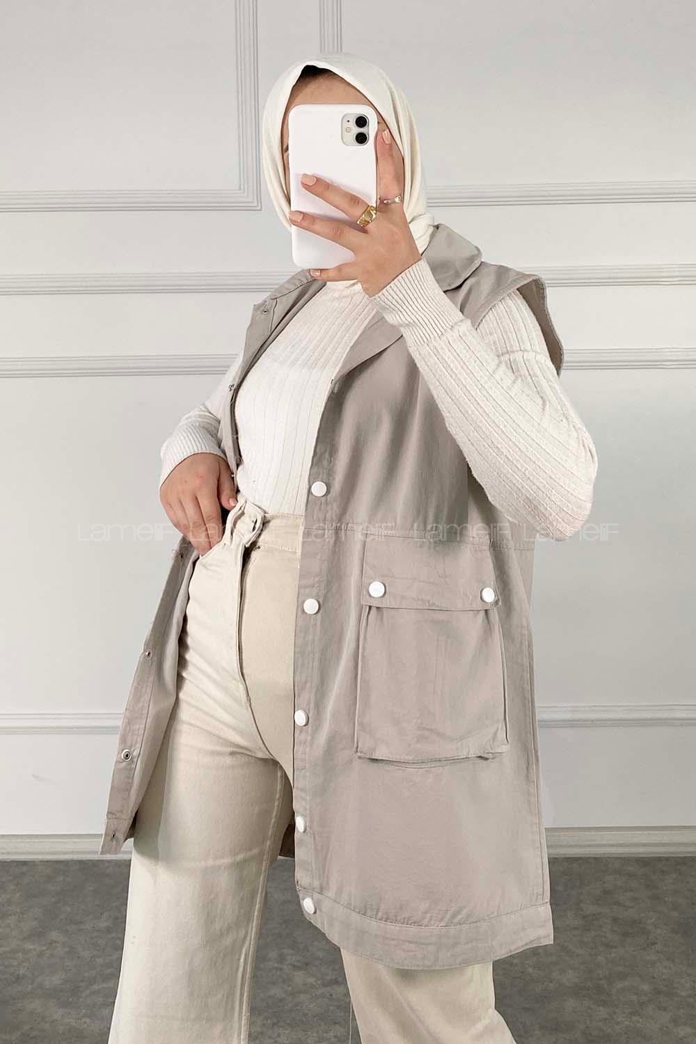 Modalamelif Önü Çıtçıt Düğmeli Yelek Taş Rengi