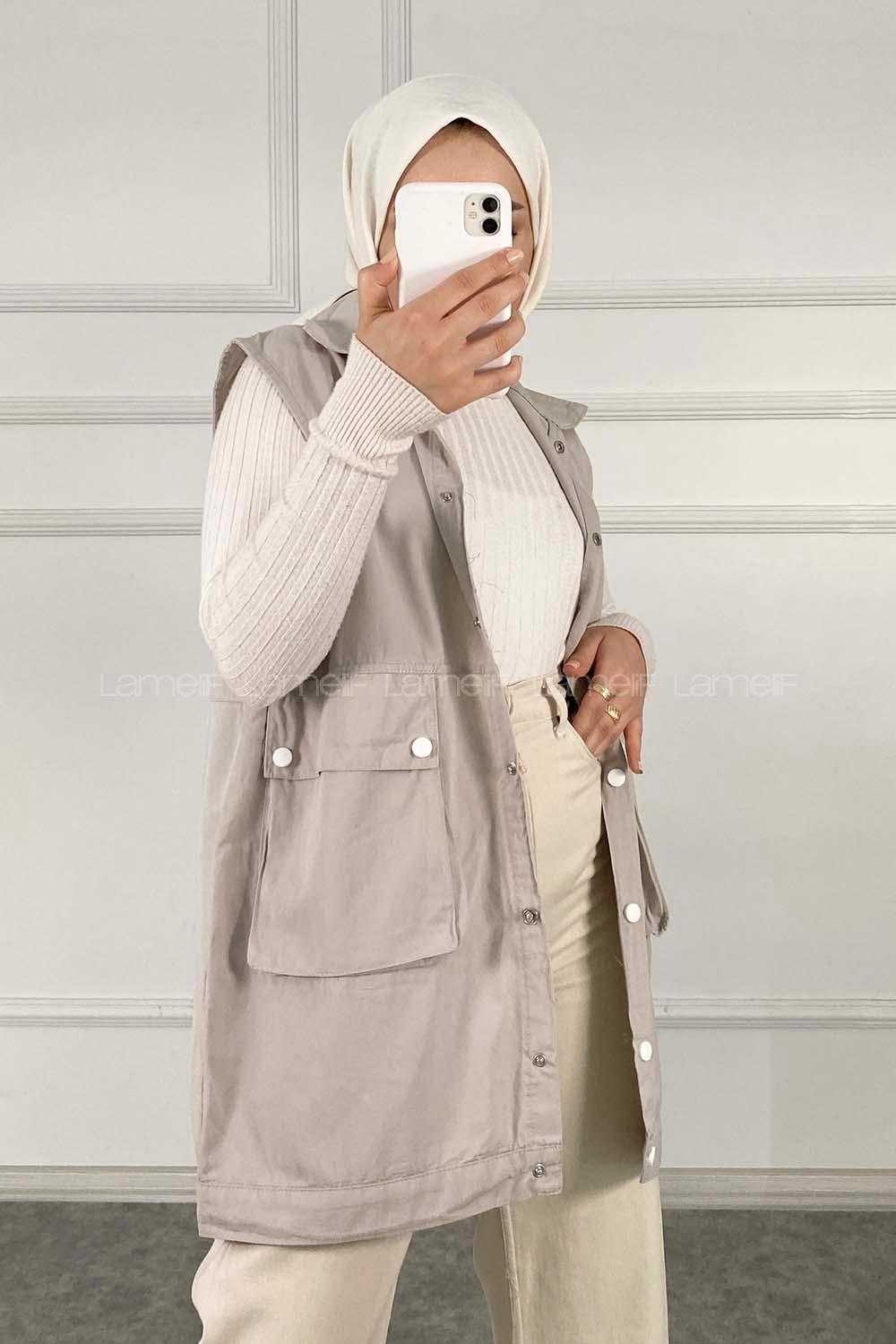 Modalamelif Önü Çıtçıt Düğmeli Yelek Taş Rengi