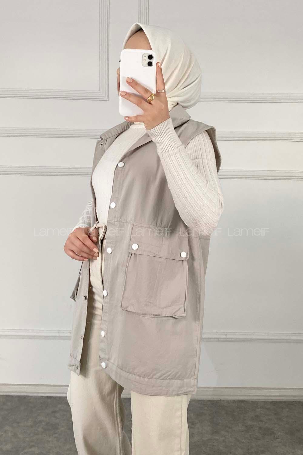 Modalamelif Önü Çıtçıt Düğmeli Yelek Taş Rengi