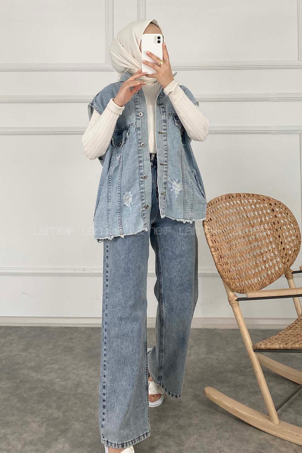 Modalamelif Önü Düğmeli Yırtık Detaylı Oversize Yelek Buz Mavisi