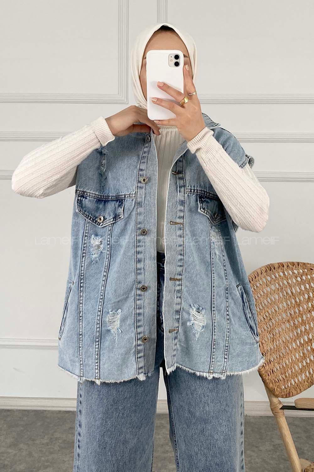 Modalamelif Önü Düğmeli Yırtık Detaylı Oversize Yelek Buz Mavisi