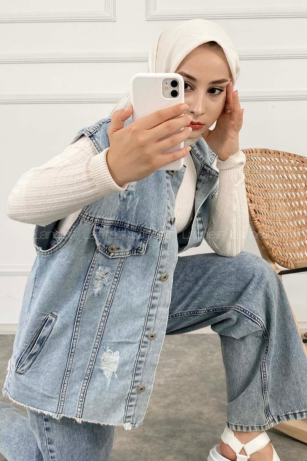 Modalamelif Önü Düğmeli Yırtık Detaylı Oversize Yelek Buz Mavisi